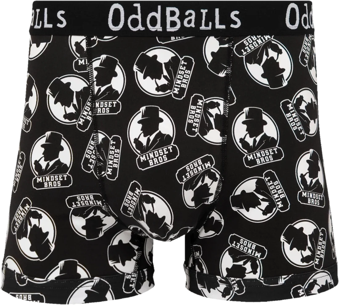 Mindset Bros × OddBalls boxers, front: black with the white Mindset Bros top-hat badge print and OddBalls waistband